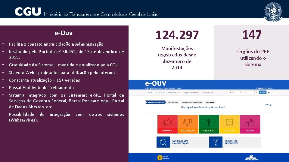 e-Ouv • Facilita o contato entre cidadão e Administração • Instituído pela Portaria nº