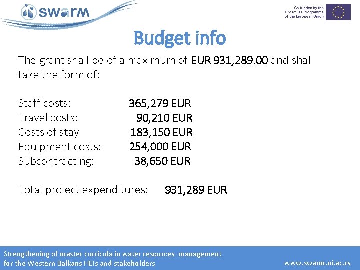 Budget info The grant shall be of a maximum of EUR 931, 289. 00