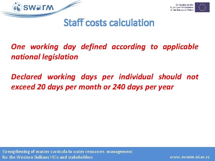 Staff costs calculation One working day defined according to applicable national legislation Declared working