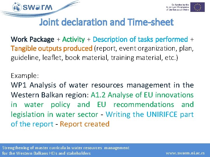 Joint declaration and Time-sheet Work Package + Activity + Description of tasks performed +