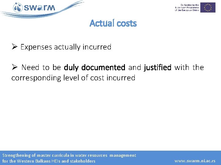 Actual costs Ø Expenses actually incurred Ø Need to be duly documented and justified