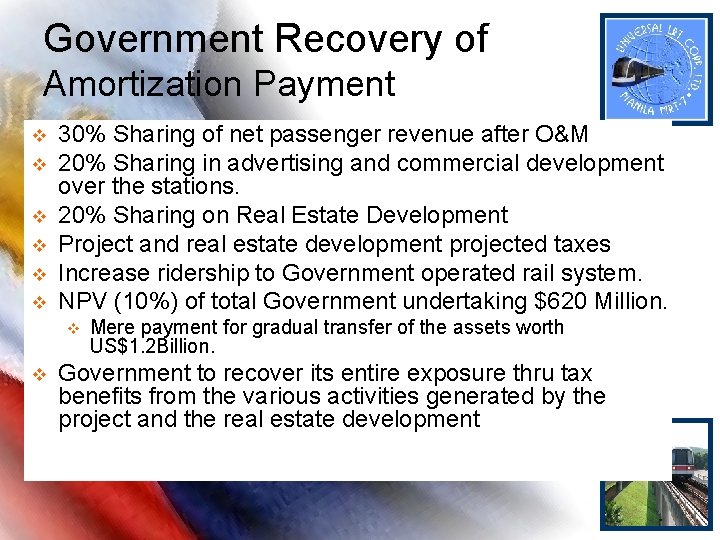Government Recovery of Amortization Payment v v v 30% Sharing of net passenger revenue Government Recovery of Amortization Payment v v v 30% Sharing of net passenger revenue