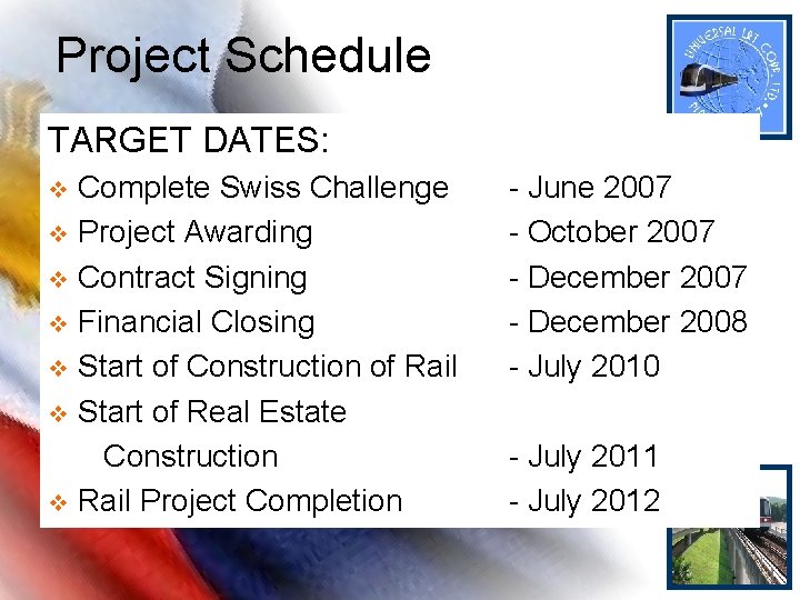 Project Schedule TARGET DATES: Complete Swiss Challenge v Project Awarding v Contract Signing v Project Schedule TARGET DATES: Complete Swiss Challenge v Project Awarding v Contract Signing v