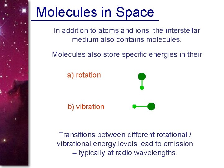 Molecules in Space In addition to atoms and ions, the interstellar medium also contains