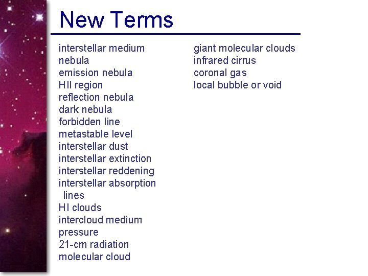 New Terms interstellar medium nebula emission nebula HII region reflection nebula dark nebula forbidden