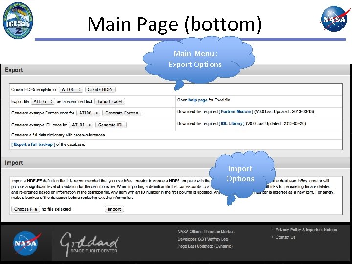 Main Page (bottom) Main Menu: Export Options Import Options 