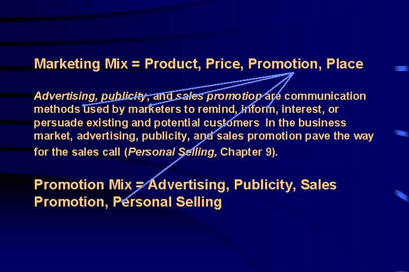 Marketing Mix = Product, Price, Promotion, Place Advertising, publicity, and sales promotion are communication