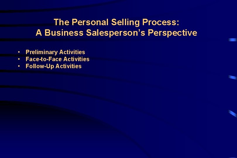 The Personal Selling Process: A Business Salesperson’s Perspective • Preliminary Activities • Face-to-Face Activities