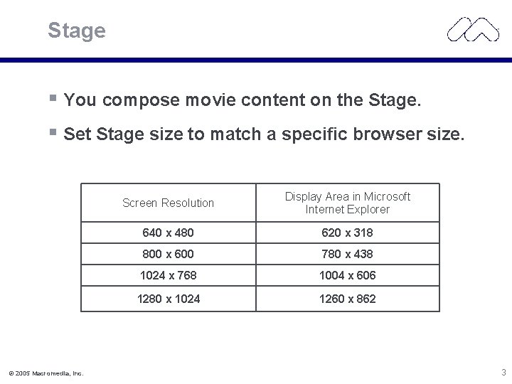 Stage § You compose movie content on the Stage. § Set Stage size to