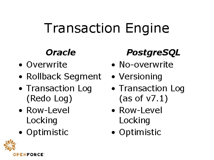 Transaction Engine • • • Oracle Overwrite Rollback Segment Transaction Log (Redo Log) Row-Level