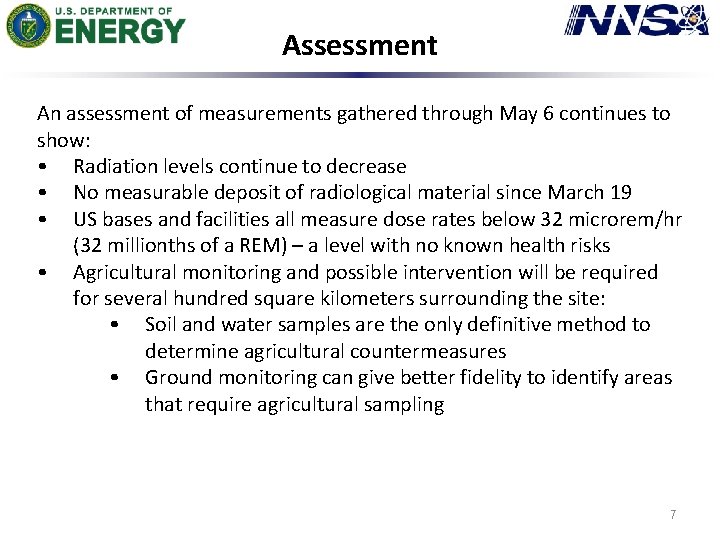 Assessment An assessment of measurements gathered through May 6 continues to show: • Radiation