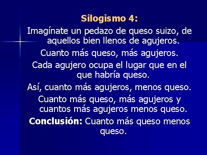 Silogismo 4: Imagínate un pedazo de queso suizo, de aquellos bien llenos de agujeros.