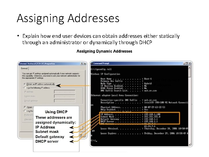 Assigning Addresses • Explain how end user devices can obtain addresses either statically through