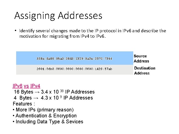 Assigning Addresses • Identify several changes made to the IP protocol in IPv 6