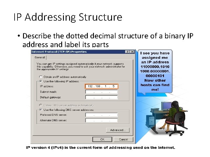 IP Addressing Structure • Describe the dotted decimal structure of a binary IP address