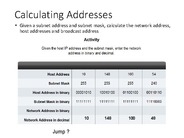 Calculating Addresses • Given a subnet address and subnet mask, calculate the network address,