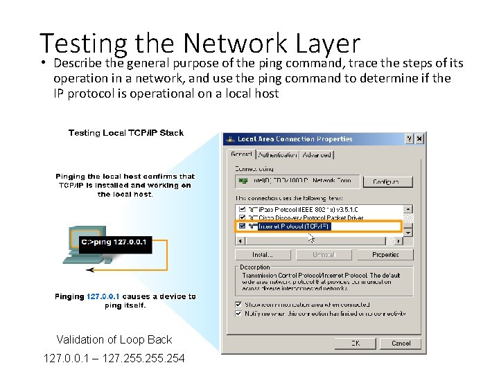 Testing the Network Layer • Describe the general purpose of the ping command, trace