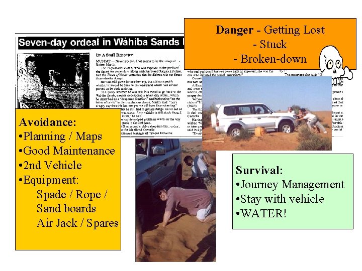 Danger - Getting Lost - Stuck - Broken-down Avoidance: • Planning / Maps •