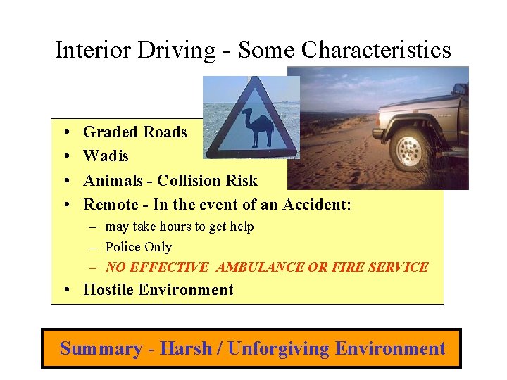 Interior Driving - Some Characteristics • • Graded Roads Wadis Animals - Collision Risk