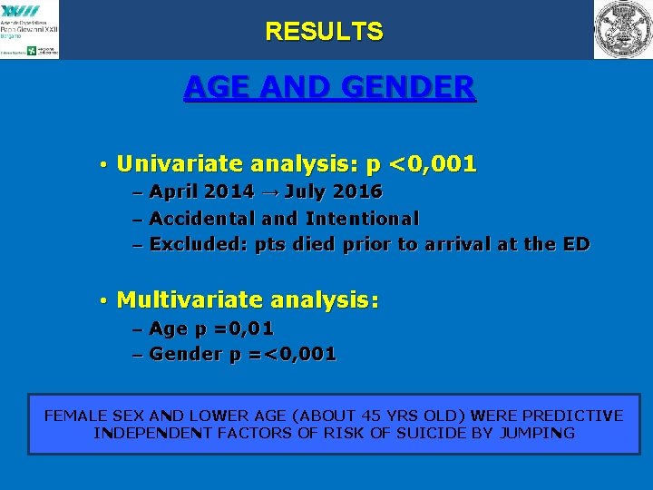 RESULTS AGE AND GENDER • Univariate analysis: p <0, 001 – April 2014 →