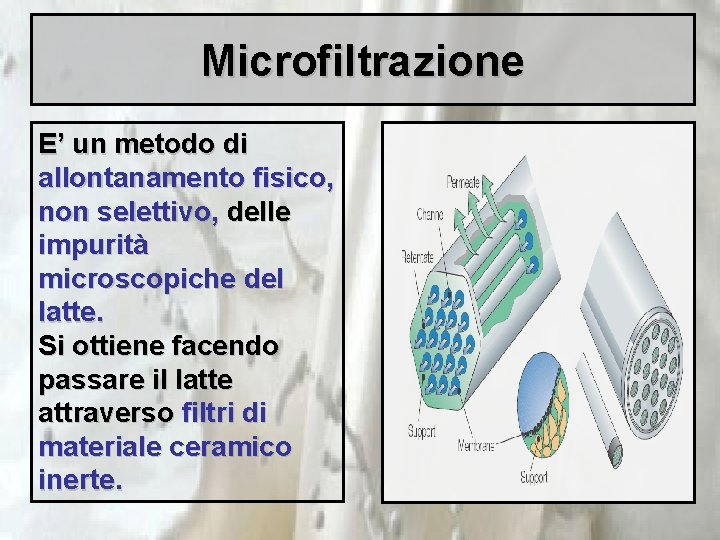 Microfiltrazione E’ un metodo di allontanamento fisico, non selettivo, delle impurità microscopiche del latte.