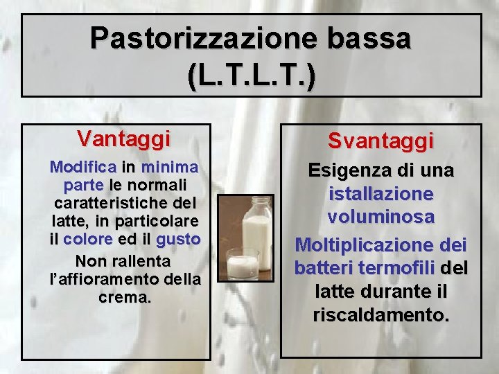 Pastorizzazione bassa (L. T. ) Vantaggi Svantaggi Modifica in minima parte le normali caratteristiche