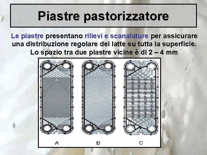 Piastre pastorizzatore Le piastre presentano rilievi e scanalature per assicurare una distribuzione regolare del