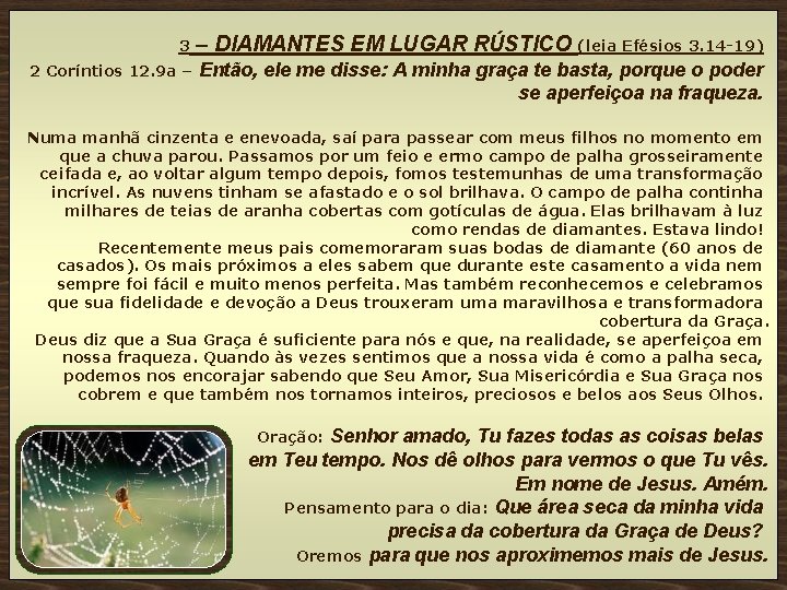 3 – DIAMANTES EM LUGAR RÚSTICO (leia Efésios 3. 14 -19) 2 Coríntios 12.