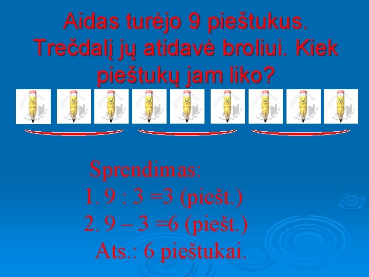 Aidas turėjo 9 pieštukus. Trečdalį jų atidavė broliui. Kiek pieštukų jam liko? Sprendimas: 1.