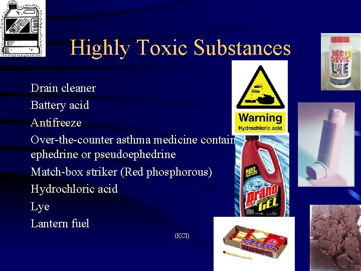 Highly Toxic Substances Drain cleaner Battery acid Antifreeze Over-the-counter asthma medicine containing ephedrine or