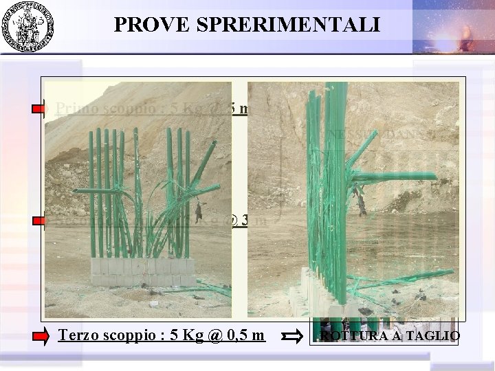 PROVE SPRERIMENTALI Primo scoppio : 5 Kg @ 5 m NESSUN DANNO Secondo scoppio