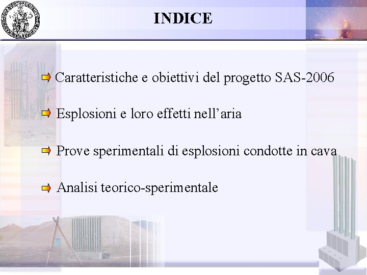 INDICE Caratteristiche e obiettivi del progetto SAS-2006 Esplosioni e loro effetti nell’aria Prove sperimentali