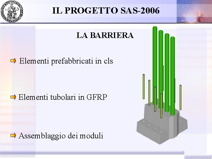 IL PROGETTO SAS-2006 LA BARRIERA Elementi prefabbricati in cls Elementi tubolari in GFRP Assemblaggio