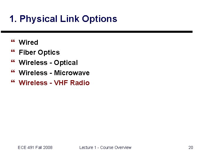 1. Physical Link Options } } } Wired Fiber Optics Wireless - Optical Wireless