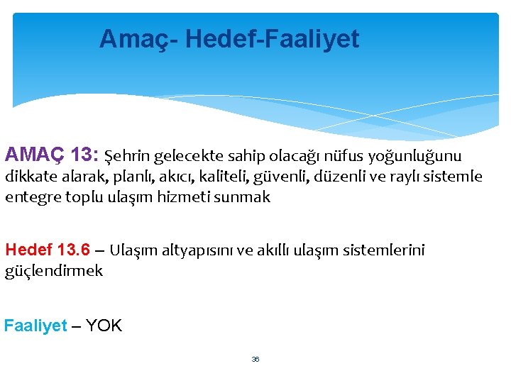 Amaç- Hedef-Faaliyet AMAÇ 13: Şehrin gelecekte sahip olacağı nüfus yoğunluğunu dikkate alarak, planlı, akıcı,