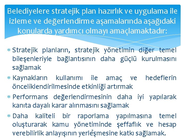 Belediyelere stratejik plan hazırlık ve uygulama ile izleme ve değerlendirme aşamalarında aşağıdaki konularda yardımcı