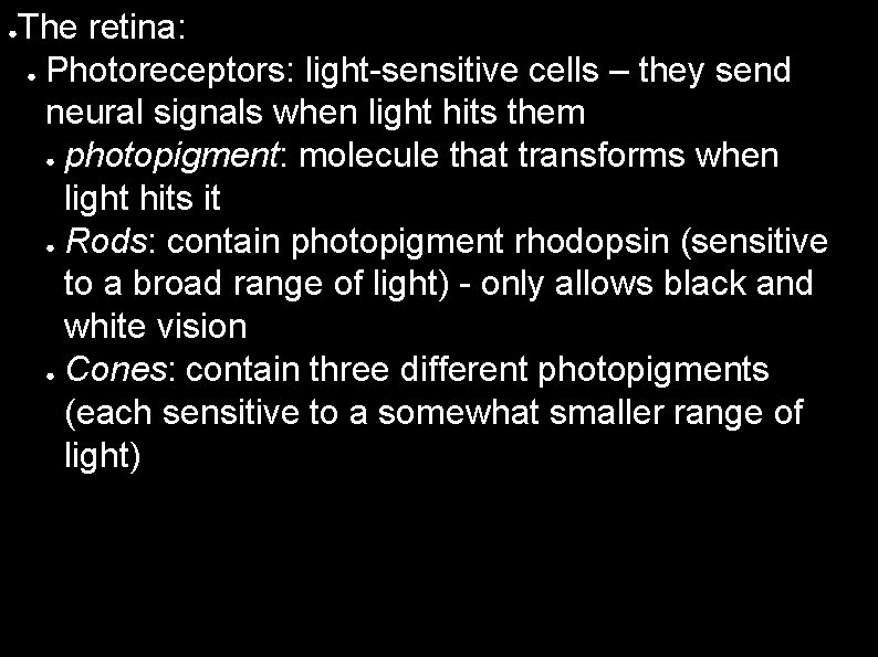 ● The retina: ● Photoreceptors: light-sensitive cells – they send neural signals when light