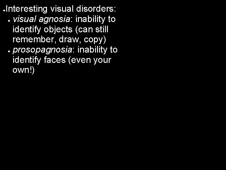 ● Interesting visual disorders: ● visual agnosia: inability to identify objects (can still remember,