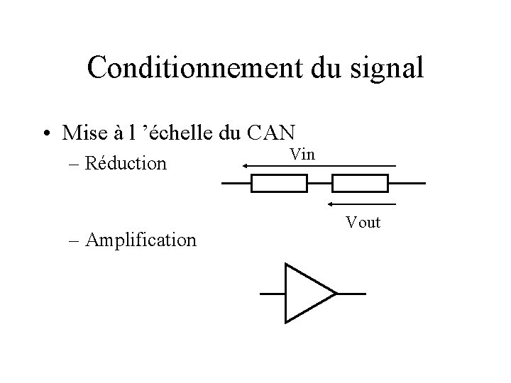 Conditionnement du signal • Mise à l ’échelle du CAN – Réduction – Amplification