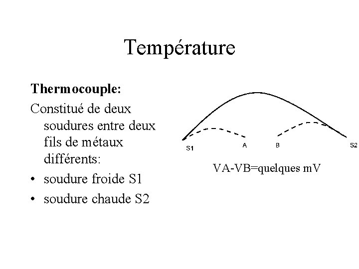 Température Thermocouple: Constitué de deux soudures entre deux fils de métaux différents: • soudure