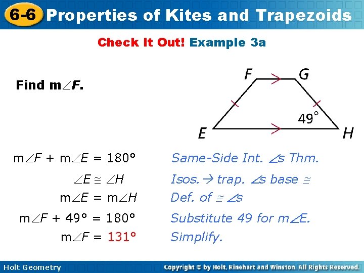 6 -6 Properties of Kites and Trapezoids Check It Out! Example 3 a Find