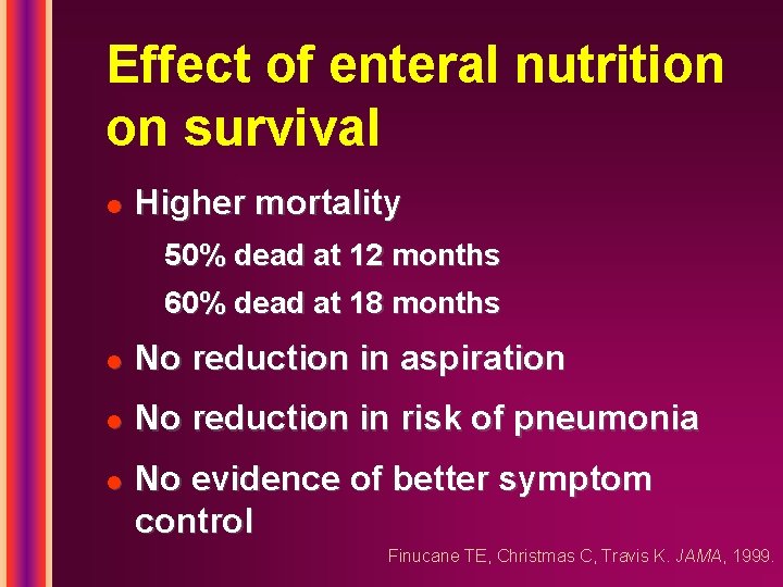 Effect of enteral nutrition on survival l Higher mortality 50% dead at 12 months