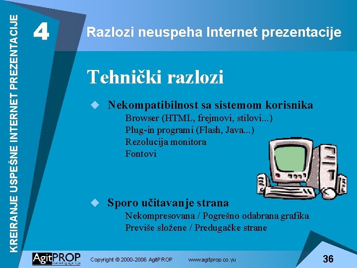 KREIRANJE USPEŠNE INTERNET PREZENTACIJE 4 Razlozi neuspeha Internet prezentacije Tehnički razlozi u Nekompatibilnost sa