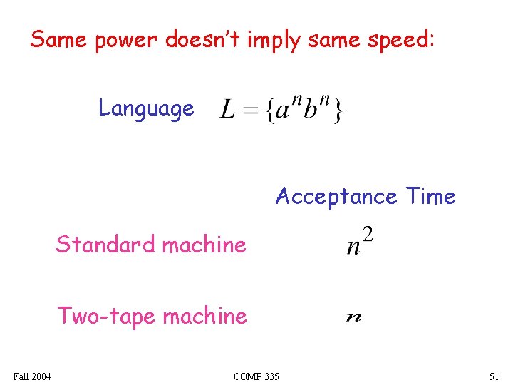 Same power doesn’t imply same speed: Language Acceptance Time Standard machine Two-tape machine Fall