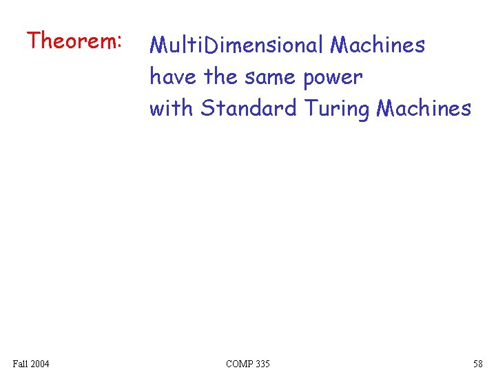 Theorem: Fall 2004 Multi. Dimensional Machines have the same power with Standard Turing Machines