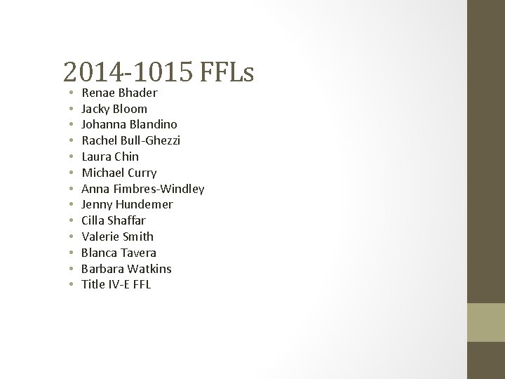 2014 -1015 FFLs • • • • Renae Bhader Jacky Bloom Johanna Blandino Rachel