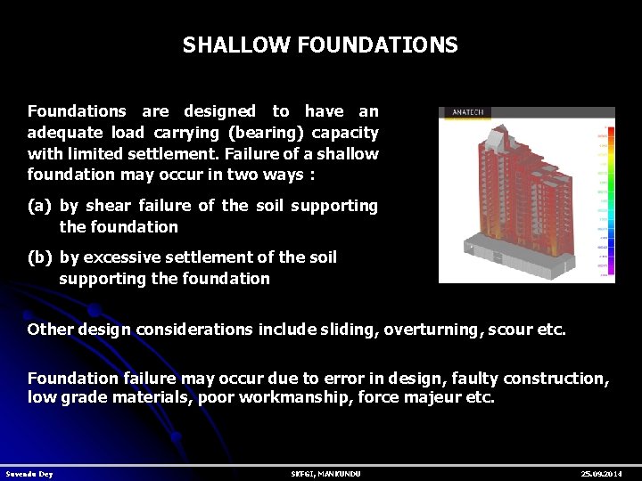 SHALLOW FOUNDATIONS Foundations are designed to have an adequate load carrying (bearing) capacity with