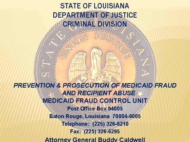 STATE OF LOUISIANA DEPARTMENT OF JUSTICE CRIMINAL DIVISION PREVENTION & PROSECUTION OF MEDICAID FRAUD STATE OF LOUISIANA DEPARTMENT OF JUSTICE CRIMINAL DIVISION PREVENTION & PROSECUTION OF MEDICAID FRAUD