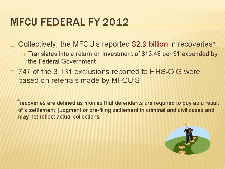 MFCU FEDERAL FY 2012 � Collectively, the MFCU’s reported $2. 9 billion in recoveries* MFCU FEDERAL FY 2012 � Collectively, the MFCU’s reported $2. 9 billion in recoveries*