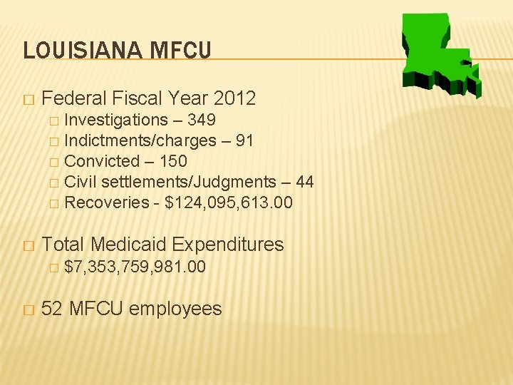 LOUISIANA MFCU � Federal Fiscal Year 2012 Investigations – 349 � Indictments/charges – 91 LOUISIANA MFCU � Federal Fiscal Year 2012 Investigations – 349 � Indictments/charges – 91